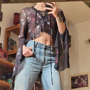 Killstar Wicked Rose Skull Bat Gothic Design Cropped Mesh Blouse Top - S